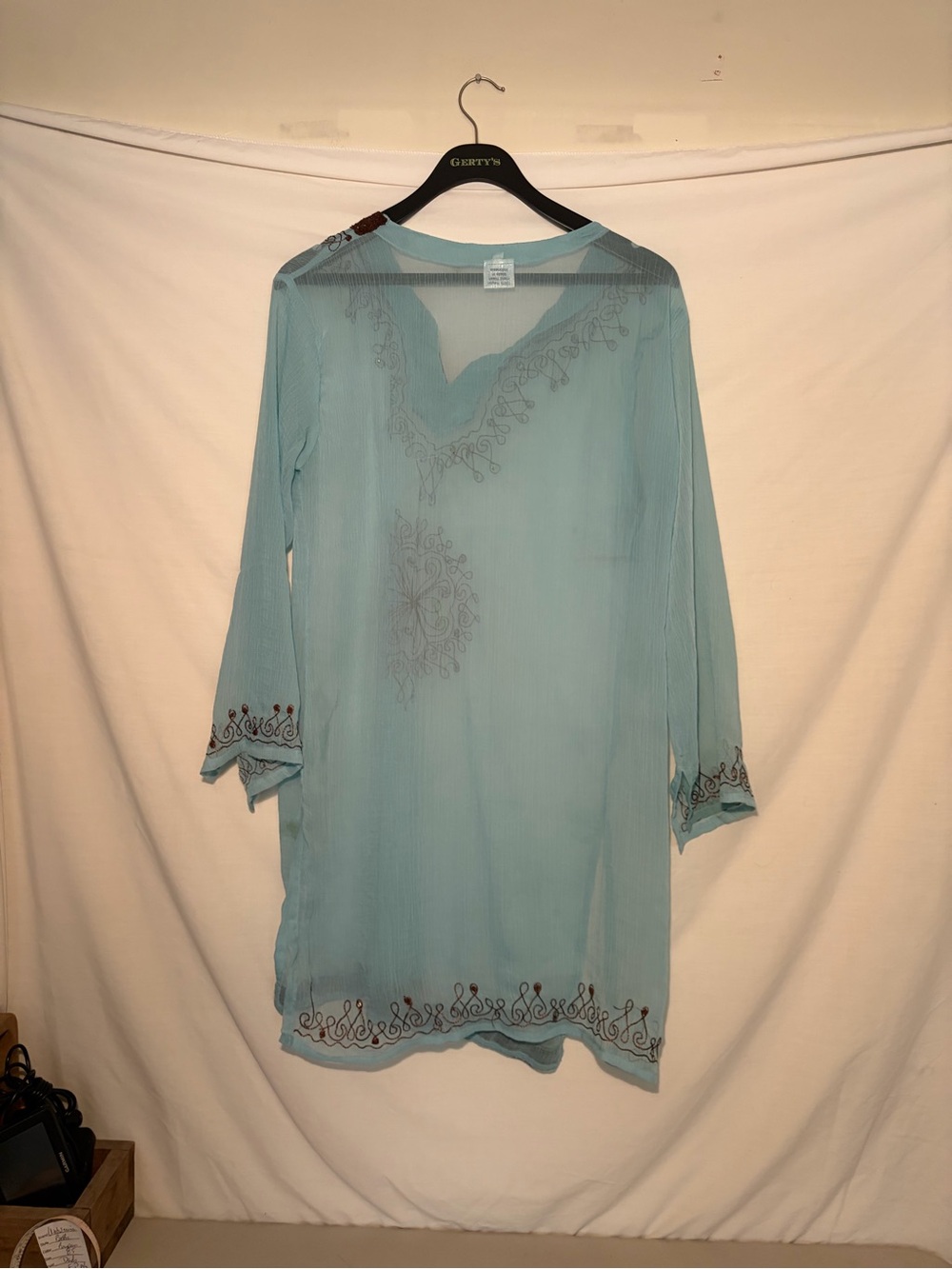 Alkii Light Blue Tunic w/Brown Embroidered V-Neck cover up size M - Picture 2 of 6